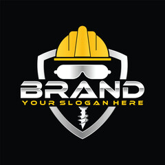 construction helmet drill shield logo, vector illustration