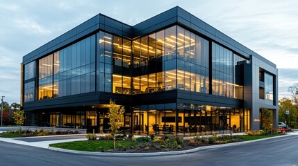 Obraz premium Modern Glass Office Building with Illuminated Interior at Dusk