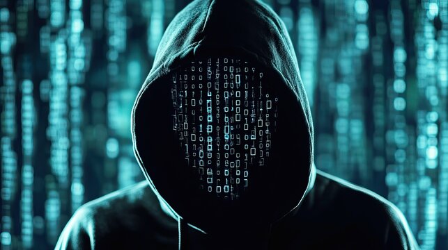 Hooded figure silhouette with binary code projection on face against blue background