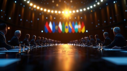 A meeting of world leaders at the UN General Assembly with an overlay of the UN flag