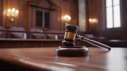 Wooden gavel on judge's bench in empty courtroom with warm lighting