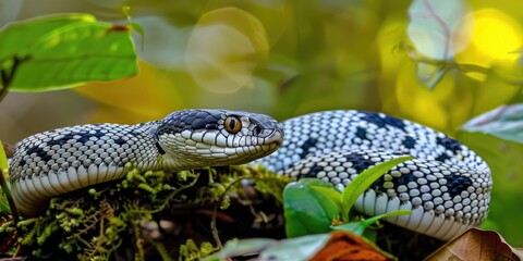 Obraz premium Harmless and non-venomous subspecies of Wolf Snake with a distinct white and black body found in forested areas.