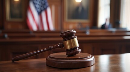 Wooden gavel on judge's bench in courtroom with American flag and judge's chair visible