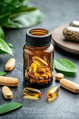 A jar of dietary supplements surrounded by natural elements, perfect for health and wellness themes.