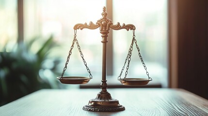 Scales of justice on polished wooden surface with blurred plant and window in background
