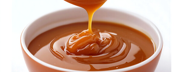 A smooth and glossy pool of rich, golden caramel sauce spread on a white background