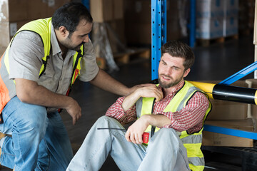 Male warehouse worker get accident at work in warehouse. Worker tired and thirst of water in...