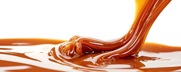 A smooth and glossy pool of rich, golden caramel sauce spread on a white background