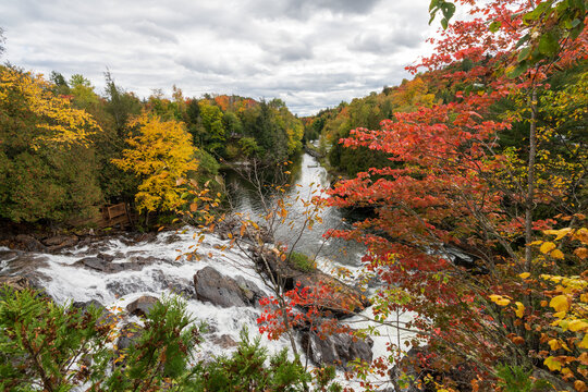 Devil's River Falls (Chutes de la Riviere du Diable) Lookout autumn scenery. Mont-Tremblant National Park, Quebec, Canada.