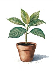 Obraz premium A watercolor illustration of a potted plant with green leaves.