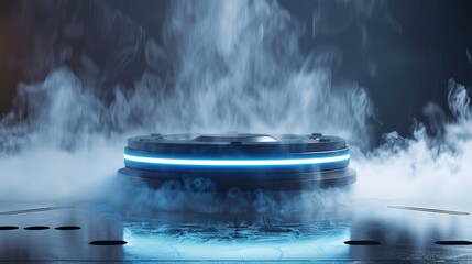 Futuristic levitating platform with smoke or mist surrounding it on dark background