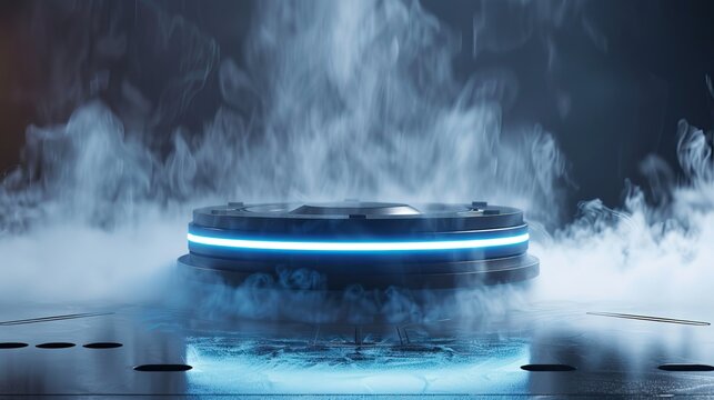 Futuristic levitating platform with smoke or mist surrounding it on dark background