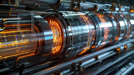 Illuminated particle accelerator or collider tunnel with complex machinery and golden glow