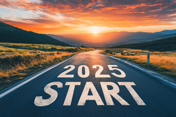Road leading to 2025 start with vibrant sunset in background