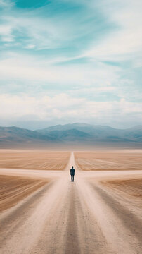 Person at a crossroads in a vast desert