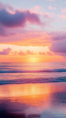 Obraz premium Sunset beach scene with soft pastel sky and calm waves