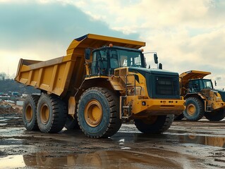 Obraz premium Heavy-duty dump truck parked on a construction site, showcasing robust design and functionality for effective material transportation