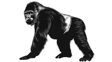 Fototapeta premium Gorilla Vector Art Silhouette on White Background. A bold and striking vector illustration of a gorilla in silhouette form, set against a clean white background. 