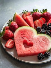 A fresh and vibrant fruit platter featuring heart-shaped watermelon, strawberries, and blackberries for a perfect summertime treat.