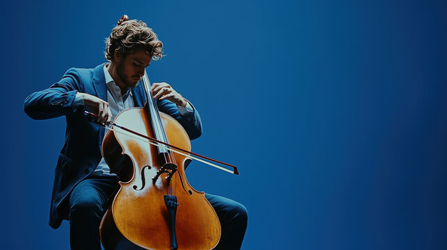 Wide shot of man playing cello against blue background