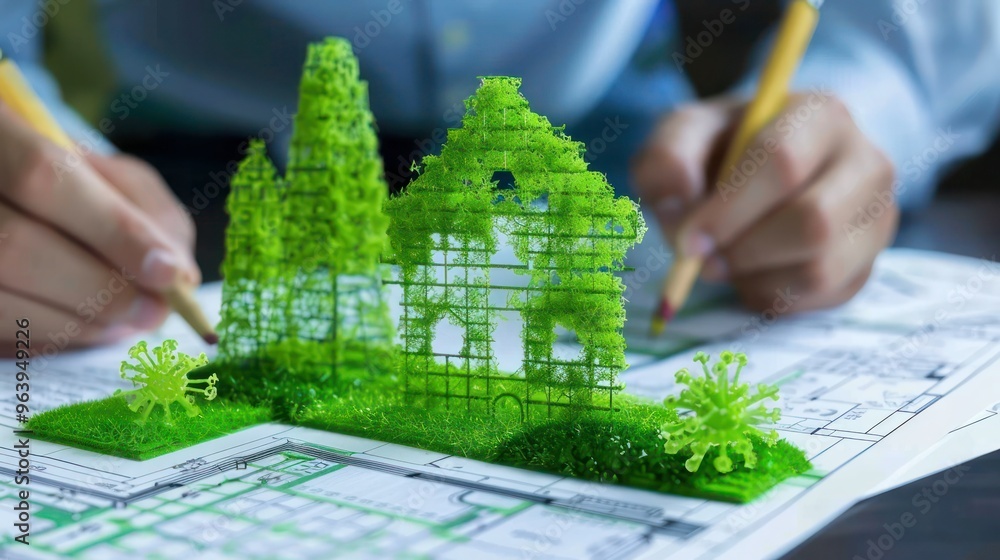 Aufkleber architects and engineers designing green building practices in construction blueprints for environme