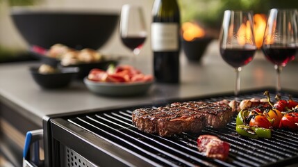 Grill and Wine Cup Integrated in a Ribbon Design. A creative illustration combining a grill and a wine cup seamlessly within a ribbon motif. 