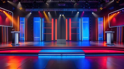 Elaborate game show set with podiums buzzers and audience for contestants. Concept Game Show, Set Design, Podiums, Buzzers, Audience Participation 