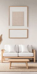 Fototapeta premium Mediterranean living room interiors in a luxury villa with coastal decor and minimal furniture. Coastal interior design composition with natural lighting.