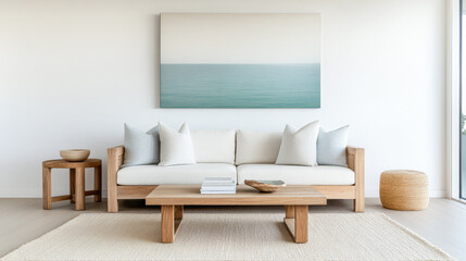 Fototapeta premium Mediterranean living room interiors in a luxury villa with coastal decor and minimal furniture. Coastal interior design composition with natural lighting.