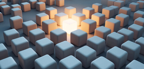 Obraz premium 3D Abstract Cube Boxes shade in grey uniform muted tone, few cubes in the center are illuminated glowing brightly with Generative AI Technology