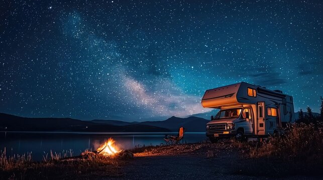 A peaceful night camping scene featuring a motorhome under a starry sky beside a calm lake and warm campfire glow.