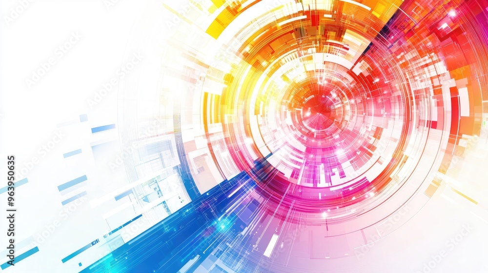 Aufkleber abstract technology vector with intricate rainbow patterns, geometric shapes, and a bright white bac
