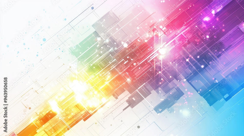 Aufkleber abstract technology vector with intricate rainbow patterns, geometric shapes, and a bright white bac