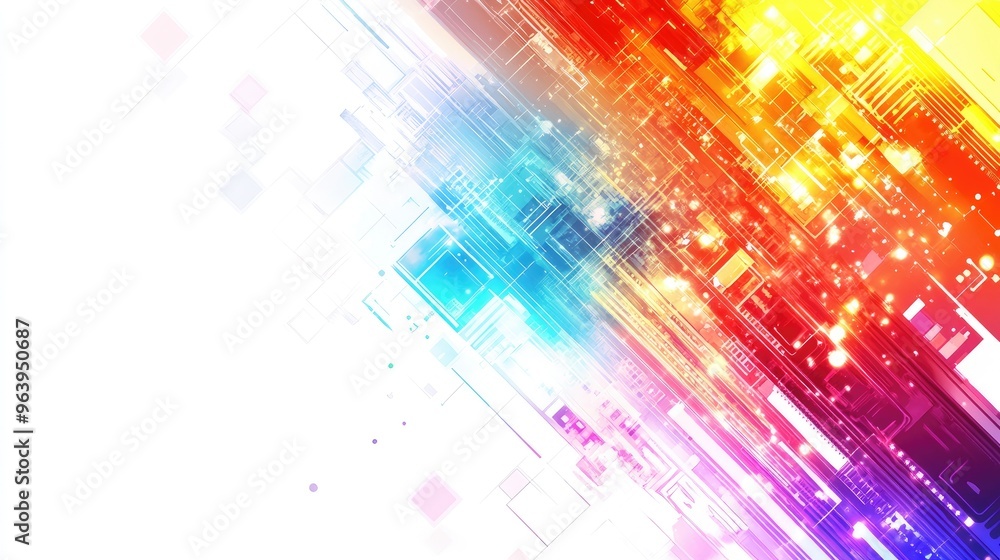 Aufkleber abstract technology vector with intricate rainbow patterns, geometric shapes, and a bright white bac