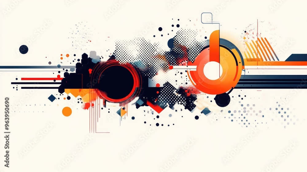 Poster abstract technology vector with intricate shapes and dynamic elements on a white background, showcas