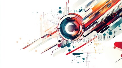 Obraz premium Abstract technology vector with intricate shapes and dynamic elements on a white background, showcasing futuristic innovation