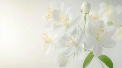 Obraz premium Beautiful white flowers against a subtle, dynamic white background, providing an elegant floral backdrop perfect for design or decoration