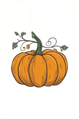 Obraz premium A hand-drawn illustration of a plump orange pumpkin with a green vine.
