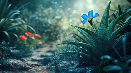 Close-up of aloe vera, snake plant, and morning glory, set against a realistic nature trail in a lush bog, highlighting their vibrant details