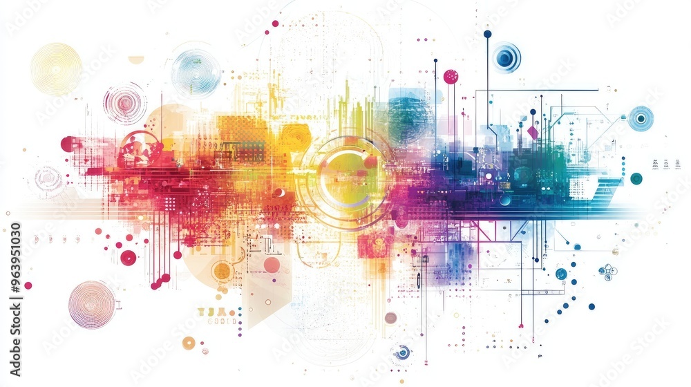 Poster complex abstract technology vector with rainbow hues, featuring intricate designs and futuristic ele