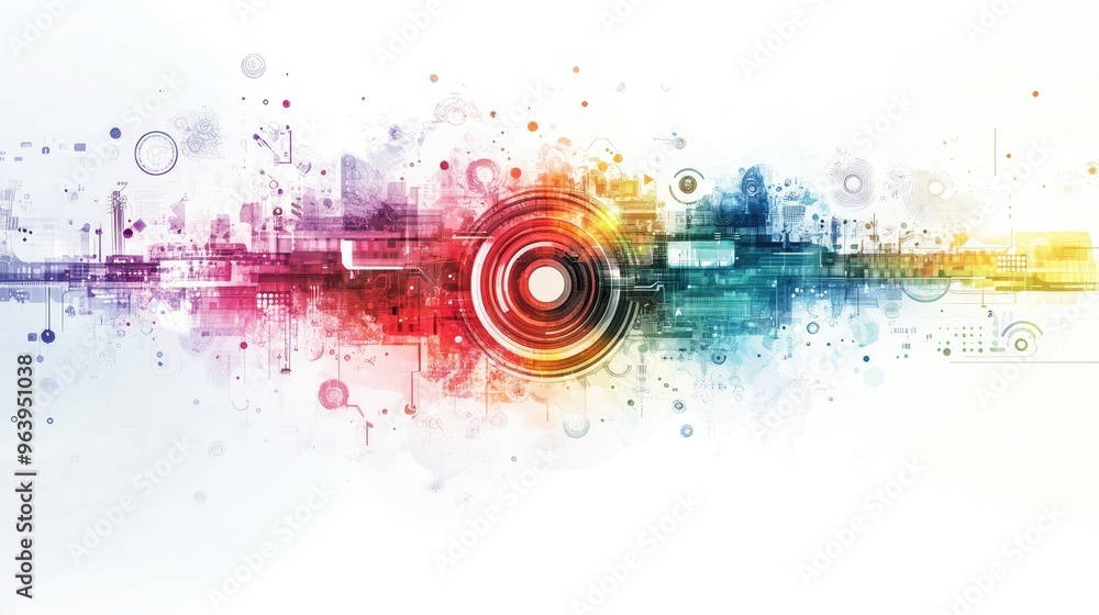Poster complex abstract technology vector with rainbow hues, featuring intricate designs and futuristic ele
