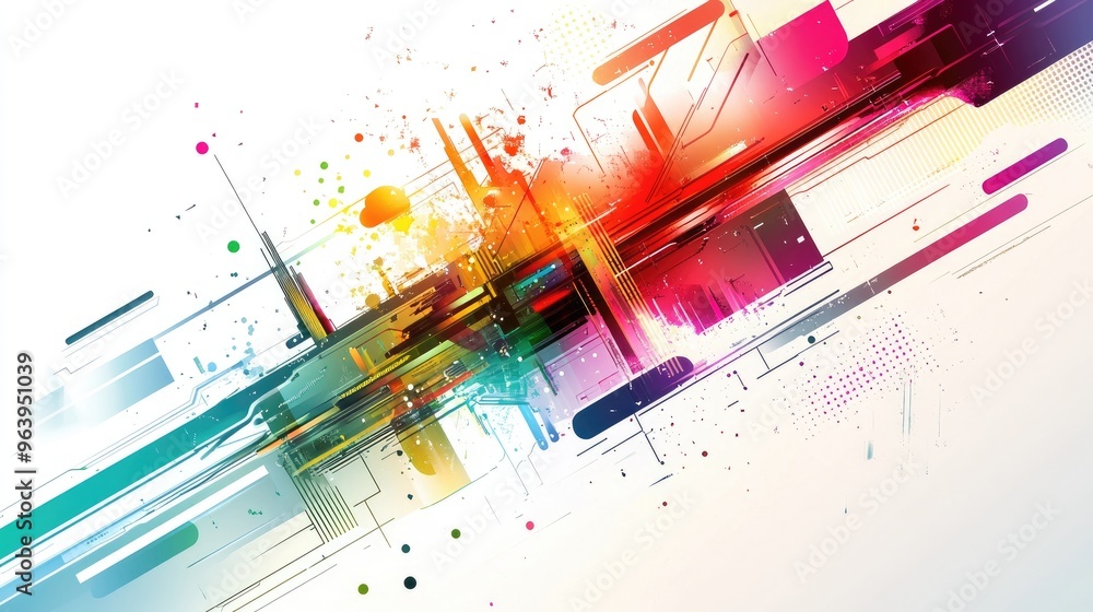 Poster complex abstract technology vector with rainbow hues, featuring intricate designs and futuristic ele