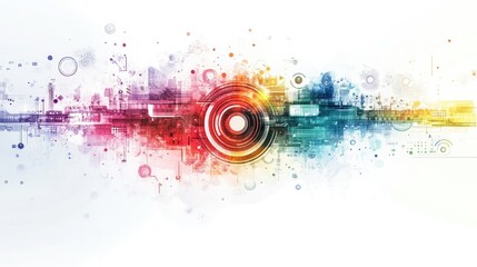 Fototapeta premium Complex abstract technology vector with rainbow hues, featuring intricate designs and futuristic elements on a minimalist white background