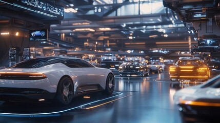 A futuristic automotive factory with holographic car assembly lines and glowing vehicle prototypes
