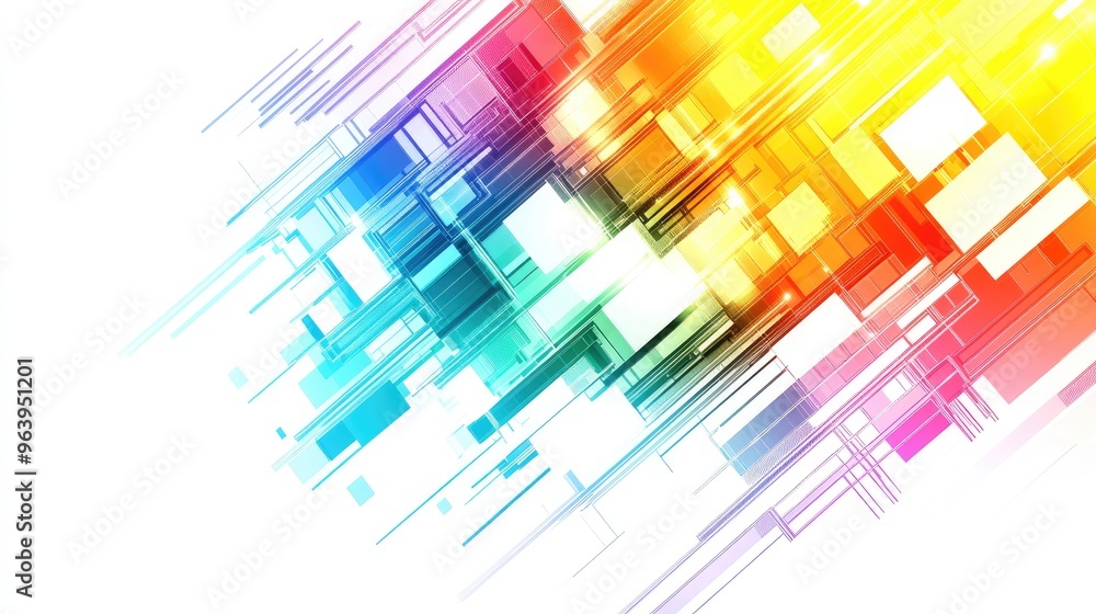 Poster detailed abstract technology vector with vibrant rainbow colors, placed on a white background, creat