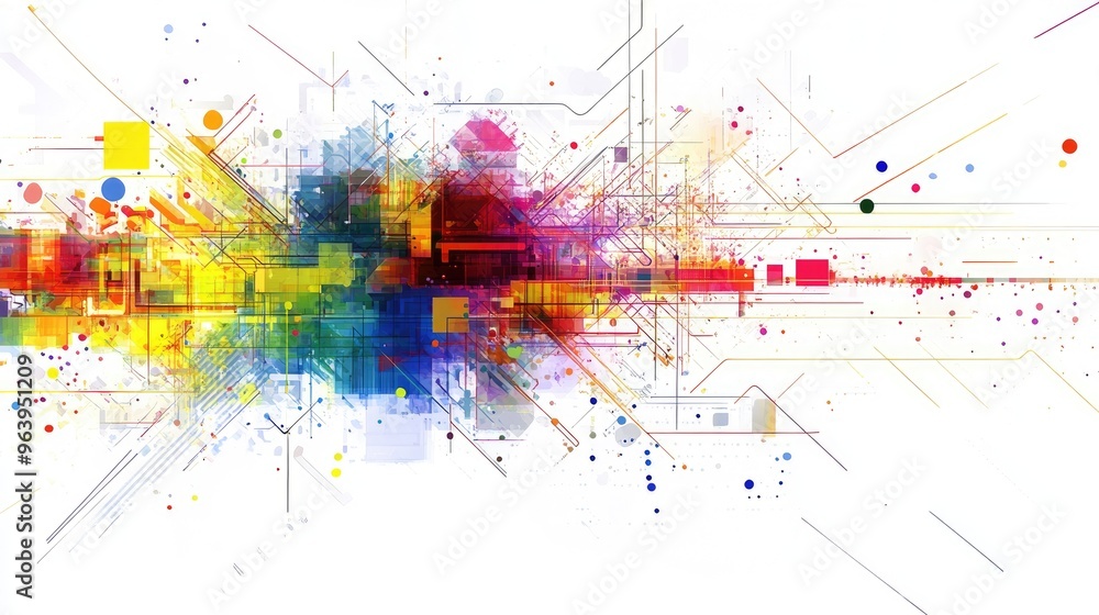 Poster detailed abstract technology vector with vibrant rainbow colors, placed on a white background, creat