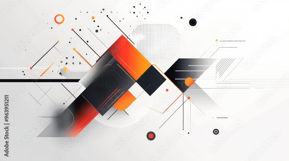 Poster dynamic abstract tech vector featuring intricate geometric shapes and lines, set on a sleek white ba