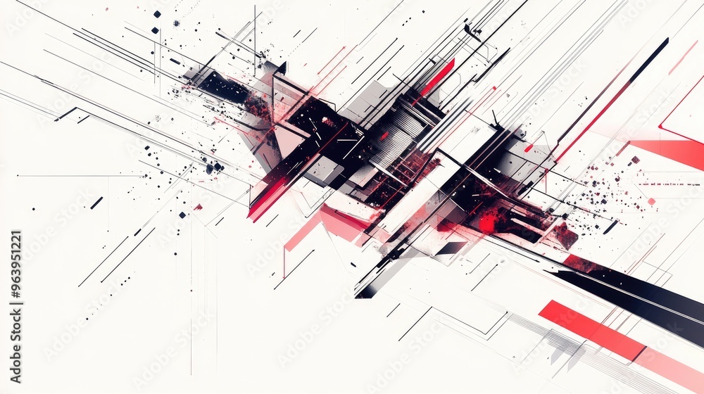 Poster dynamic abstract technology vector with complex geometric shapes and lines, designed on a white back