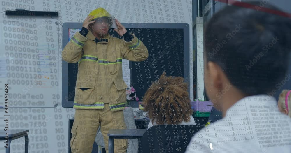 Poster animation of data processing over diverse fireman and schoolchildren in class