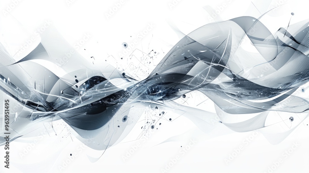 Poster intricate abstract technology vector with dynamic lines and shapes, set against a crisp white backgr
